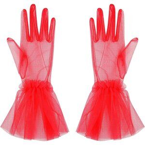 Women's Short Red Tulle Mesh Puffy Ruffle Gloves Wedding Party Prom Costume